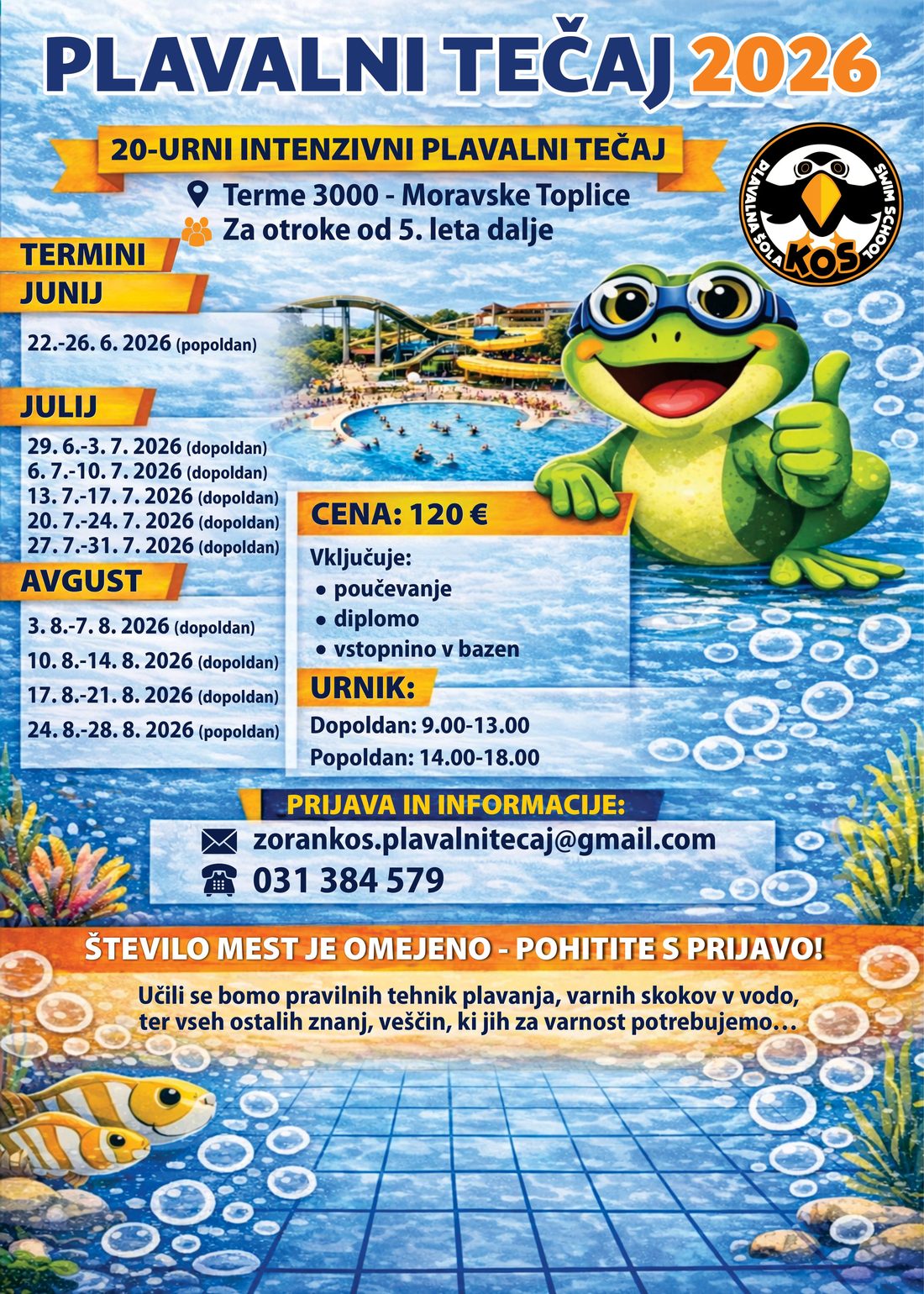 Plakat: plavalni tečaj 2026 — vsi termini junij–avgust